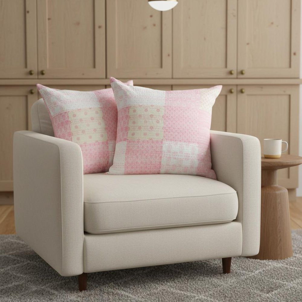 Set of Two 20" Pink And White Patchwork Cotton Throw Pillows — view 3