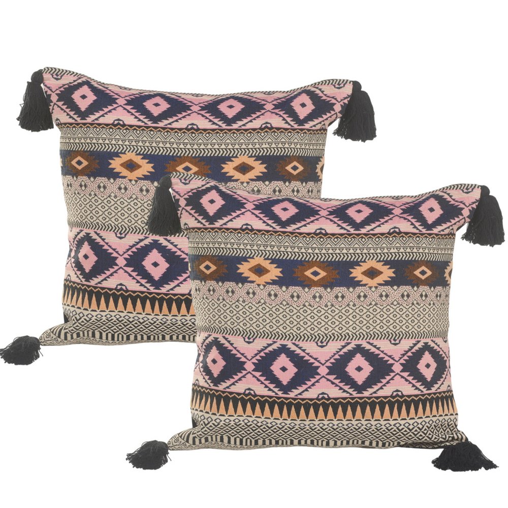 Set of Two 20" Black Yellow And Blush Geometric Cotton Blend Throw Pillows