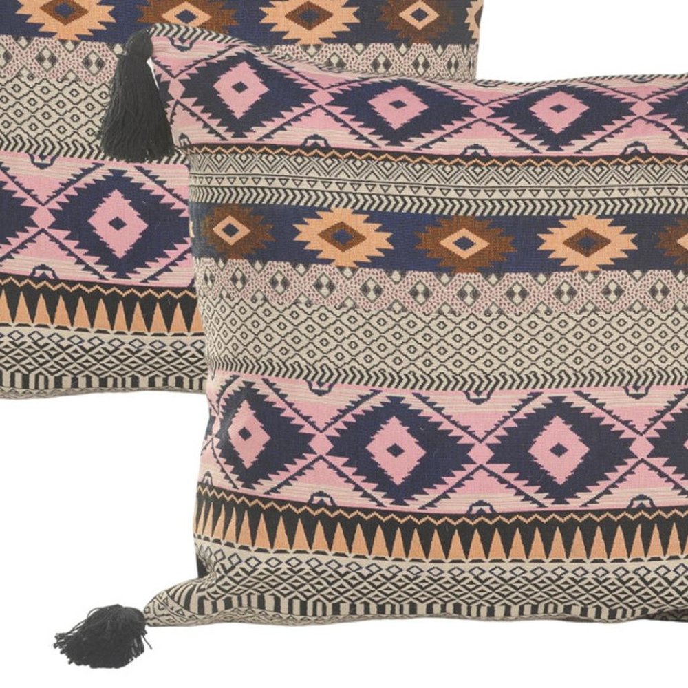 Set of Two 20" Black Yellow And Blush Geometric Cotton Blend Throw Pillows