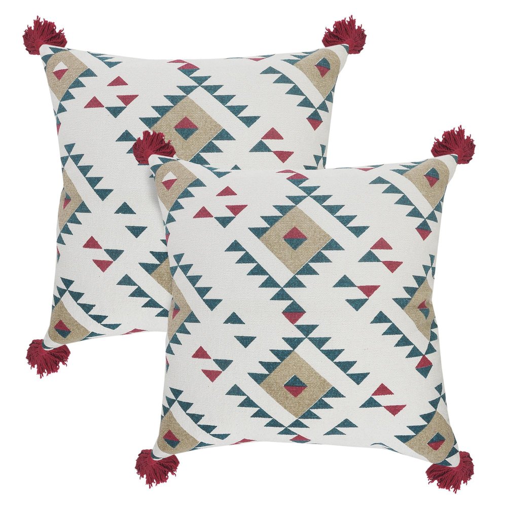 Set of Two 20" White Teal Blue Tan And Crimson Geometric Cotton Throw Pillows — view 1