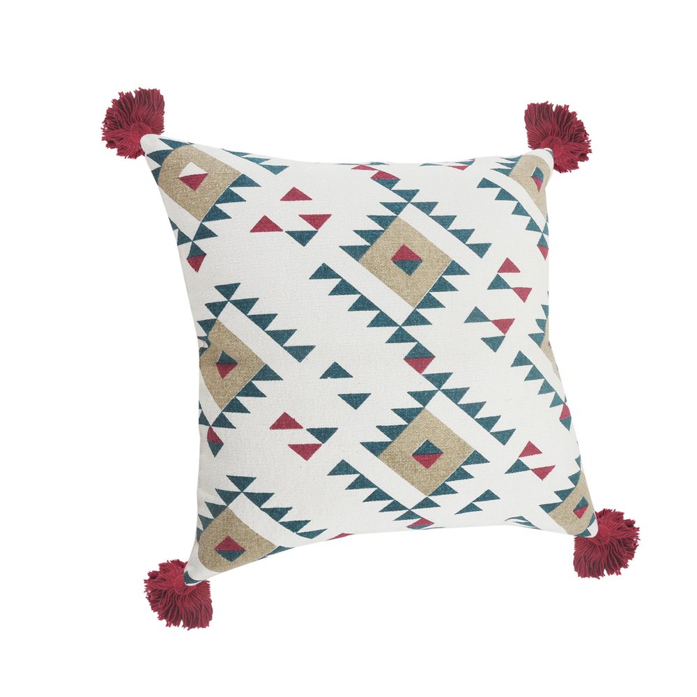 Set of Two 20" White Teal Blue Tan And Crimson Geometric Cotton Throw Pillows — view 2
