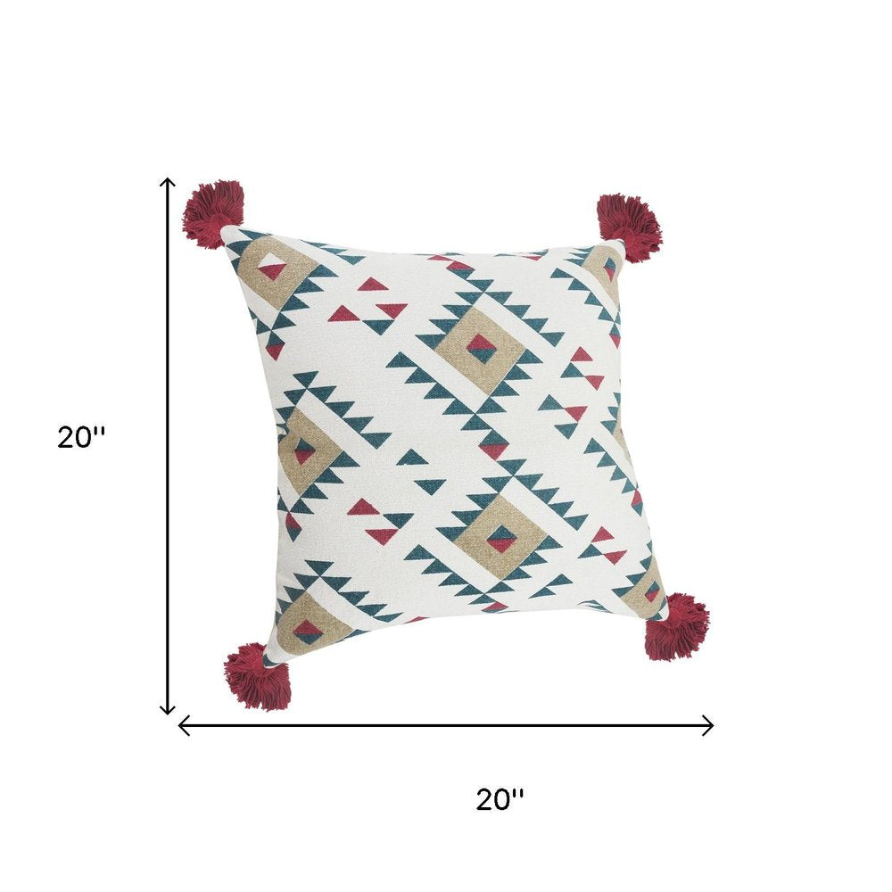 Set of Two 20" White Teal Blue Tan And Crimson Geometric Cotton Throw Pillows — view 6