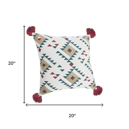 Set of Two 20" White Teal Blue Tan And Crimson Geometric Cotton Throw Pillows