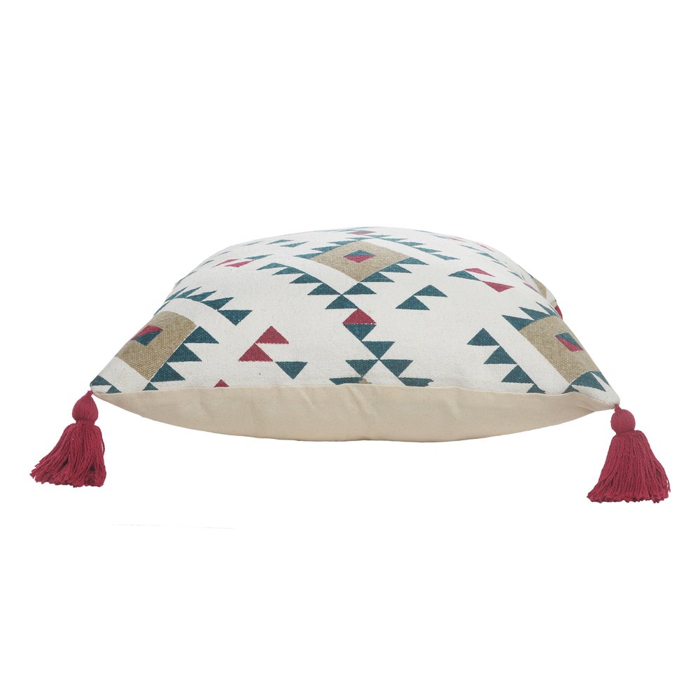 Set of Two 20" White Teal Blue Tan And Crimson Geometric Cotton Throw Pillows — view 3