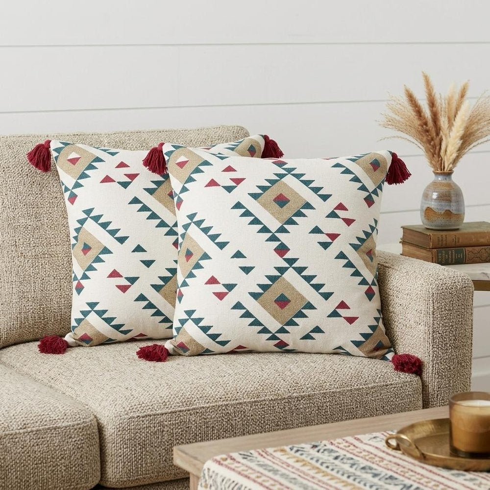 Set of Two 20" White Teal Blue Tan And Crimson Geometric Cotton Throw Pillows — view 7