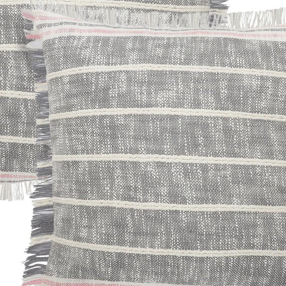 Set of Two 20" Gray And Pink Striped Cotton Throw Pillows with Fringe — view 7