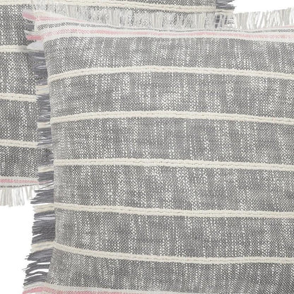Set of Two 20" Gray And Pink Striped Cotton Throw Pillows with Fringe
