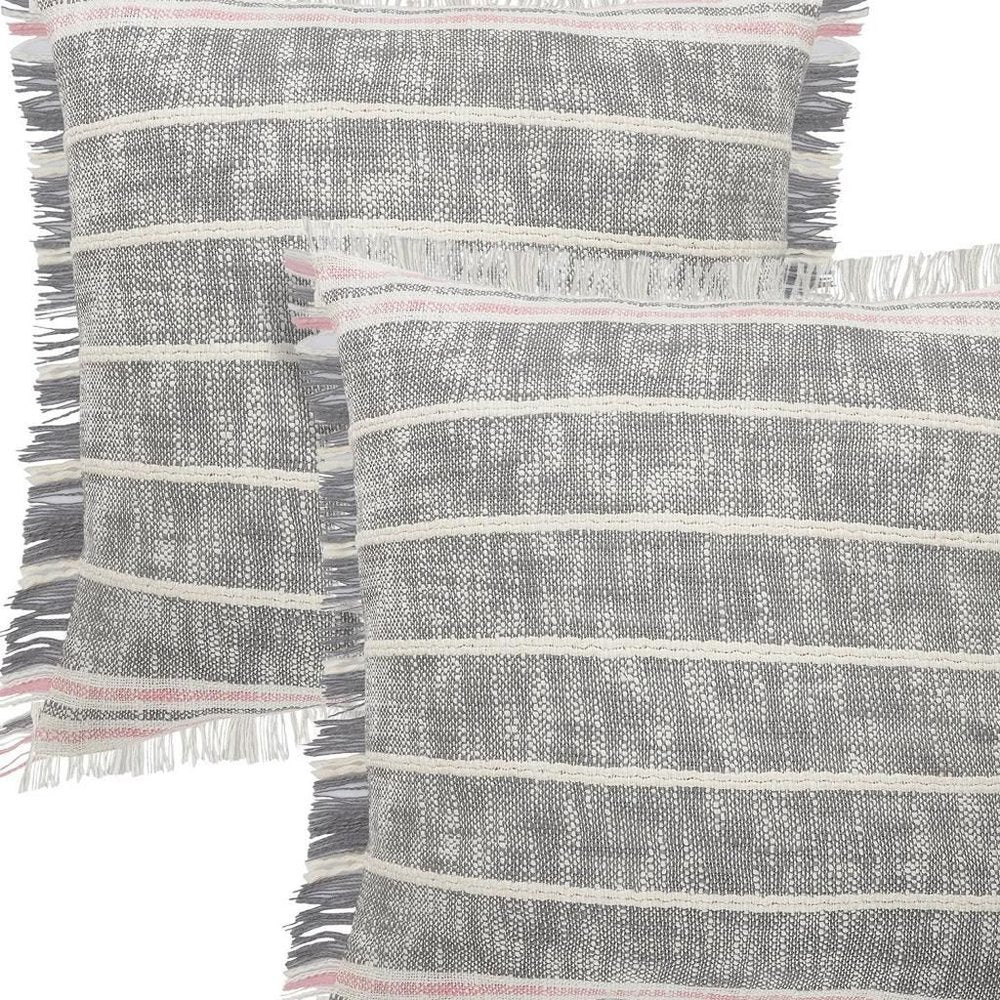 Set of Two 20" Gray And Pink Striped Cotton Throw Pillows with Fringe — view 8
