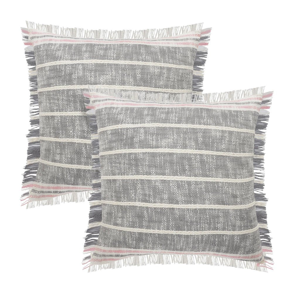 Set of Two 20" Gray And Pink Striped Cotton Throw Pillows with Fringe — view 1