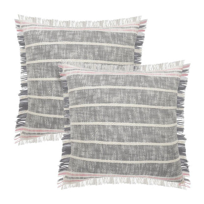 Set of Two 20" Gray And Pink Striped Cotton Throw Pillows with Fringe