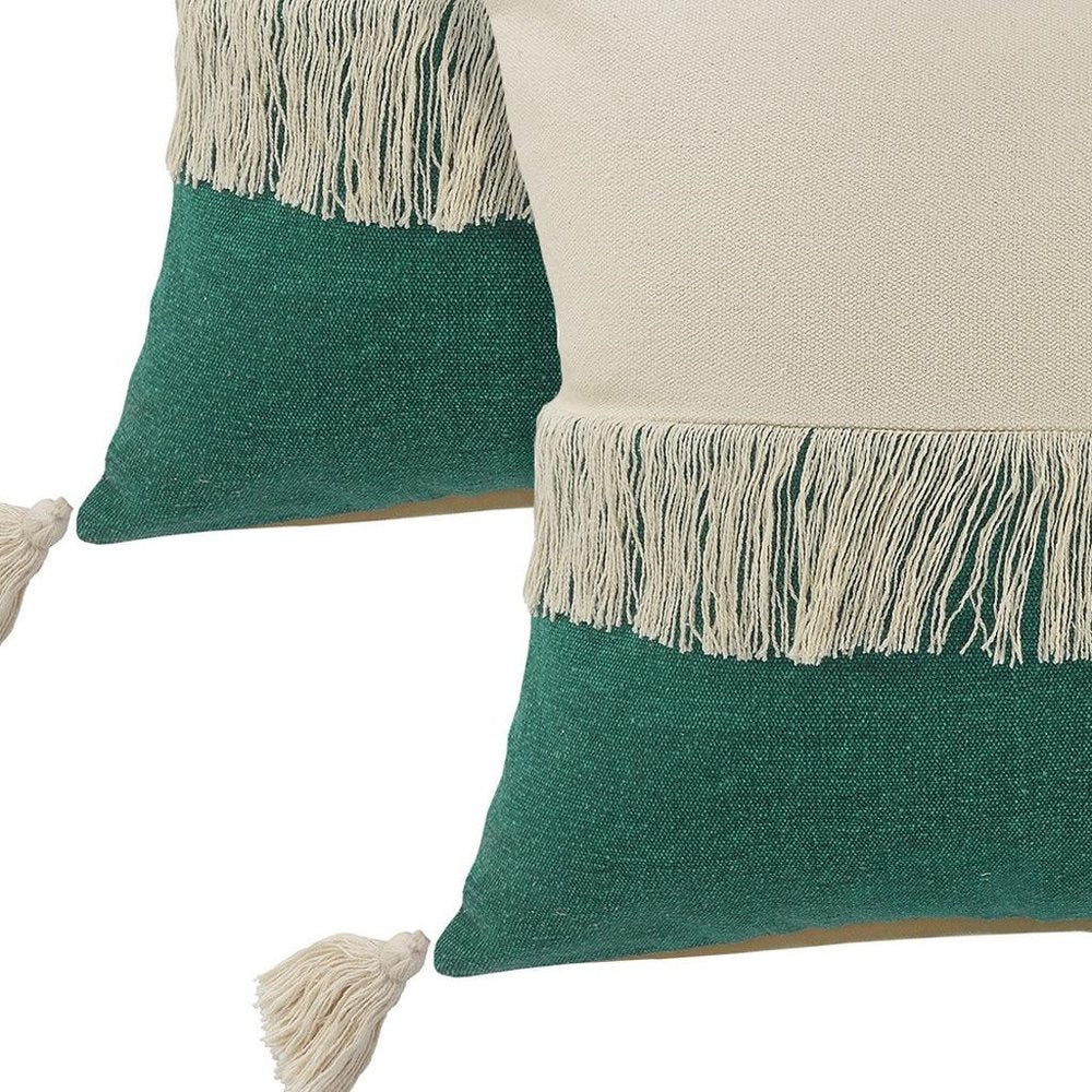 Set of Two 20" Green And Off White Color Block Cotton Throw Pillows — view 7