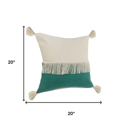 Set of Two 20" Green And Off White Color Block Cotton Throw Pillows