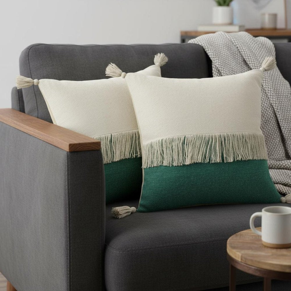 Set of Two 20" Green And Off White Color Block Cotton Throw Pillows — view 9