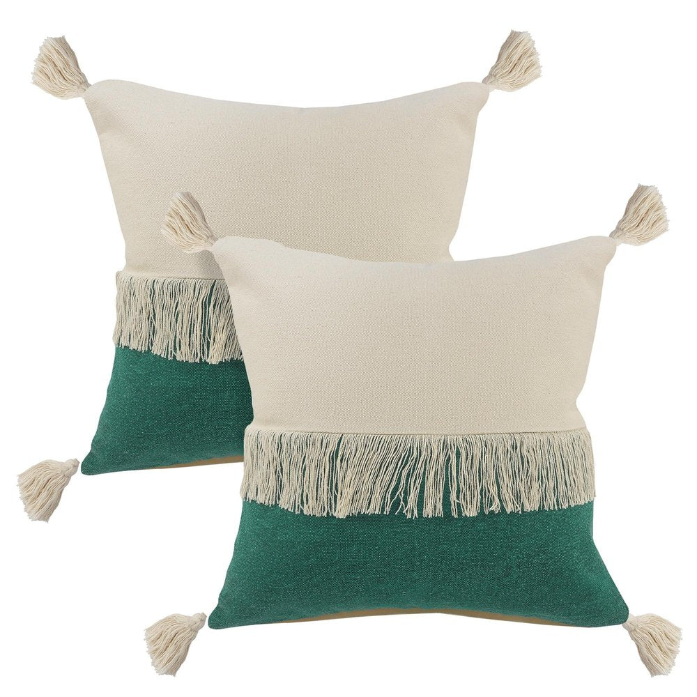 Set of Two 20" Green And Off White Color Block Cotton Throw Pillows