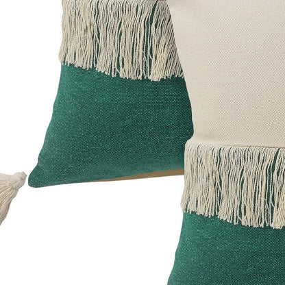 Set of Two 20" Green And Off White Color Block Cotton Throw Pillows