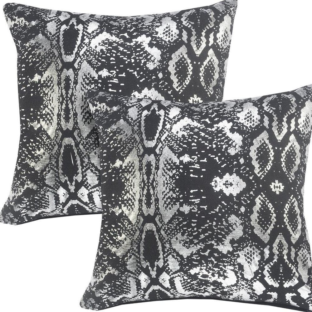 Set of Two 20" Black And Silver Cotton Throw Pillows