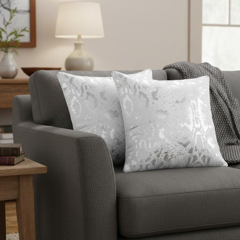 Set of Two 20" White And Silver Cotton Throw Pillows — view 9