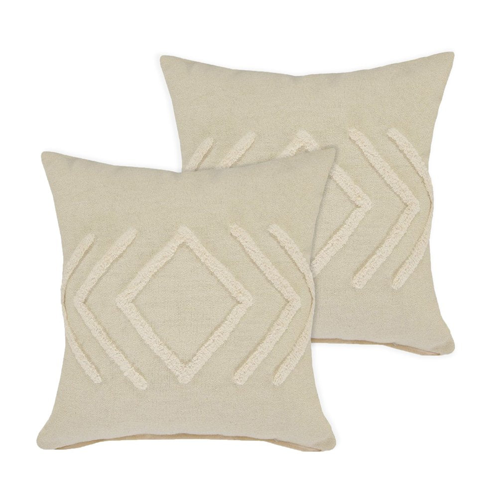 Set of Two 20" Beige And White Diamond Cotton Throw Pillows with Tufts