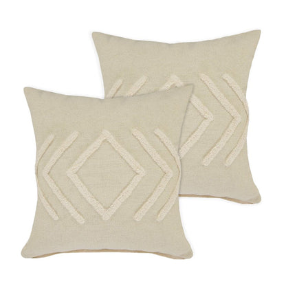 Set of Two 20" Beige And White Diamond Cotton Throw Pillows with Tufts