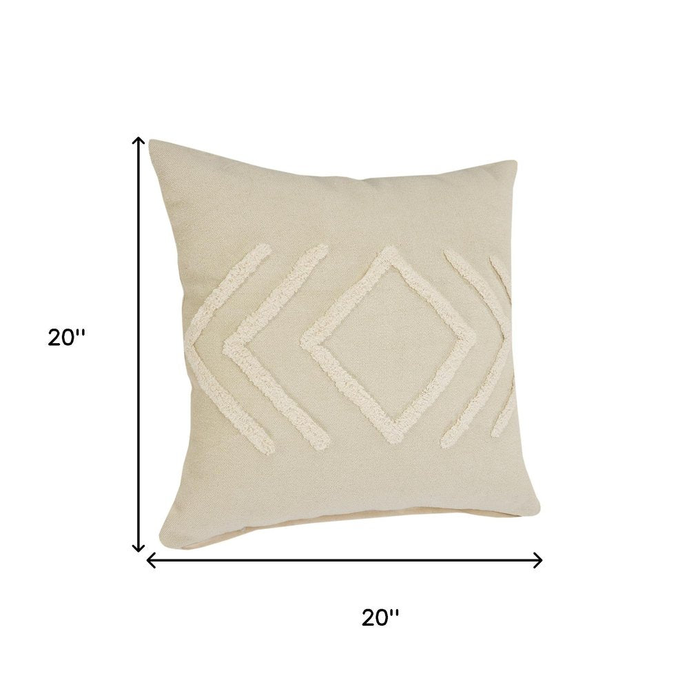 Set of Two 20" Beige And White Diamond Cotton Throw Pillows with Tufts