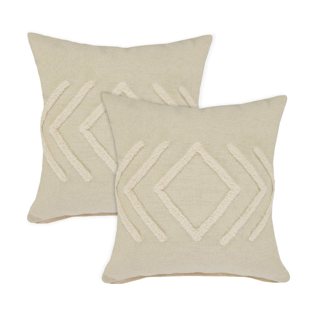 Set of Two 20" Beige And White Diamond Cotton Throw Pillows with Tufts — view 1