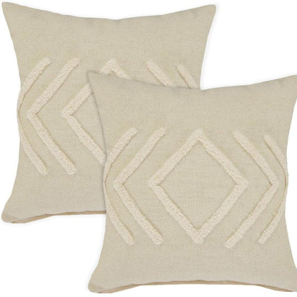 Set of Two 20" Beige And White Diamond Cotton Throw Pillows with Tufts