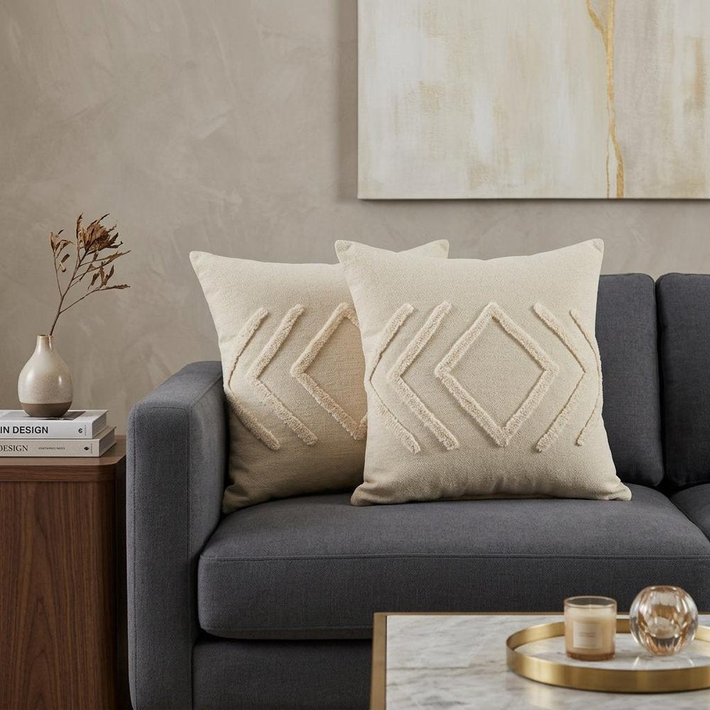 Set of Two 20" Beige And White Diamond Cotton Throw Pillows with Tufts — view 9