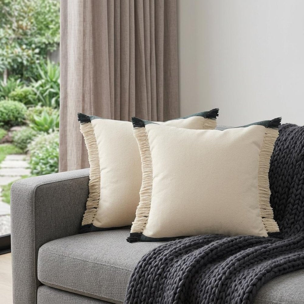Set of Two 20" Green And Ivory Cotton Throw Pillows — view 10