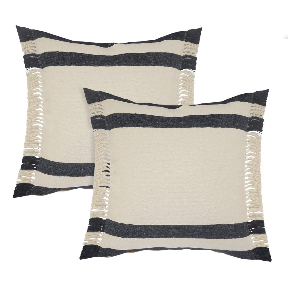 Set of Two 20" Blue And White Striped Cotton Throw Pillows with Fringe — view 1