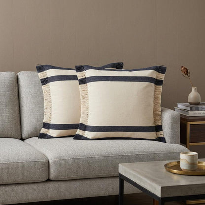 Set of Two 20" Blue And White Striped Cotton Throw Pillows with Fringe