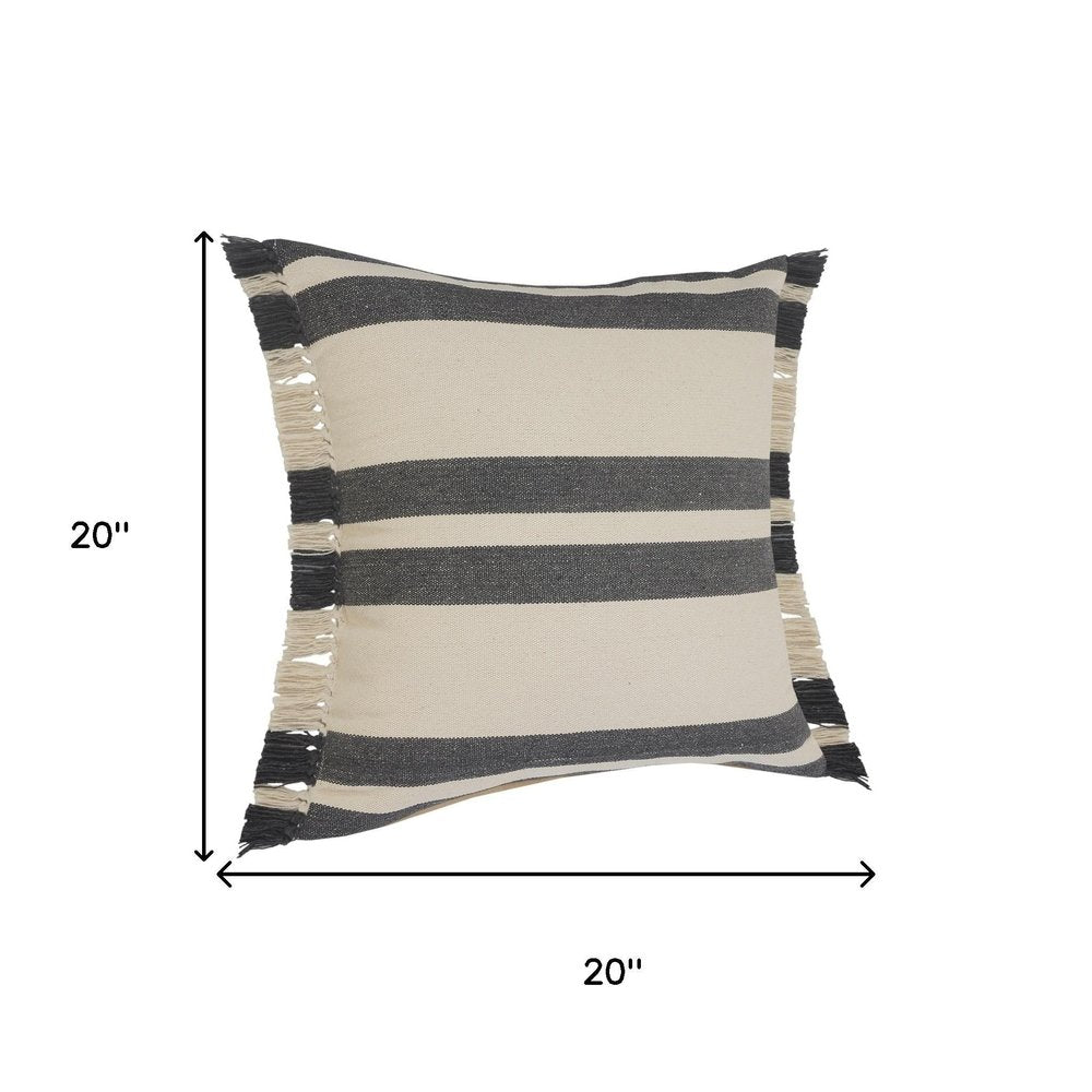 Set of Two 20" Off White And Gray Striped Cotton Throw Pillows with Frosted And Fringe