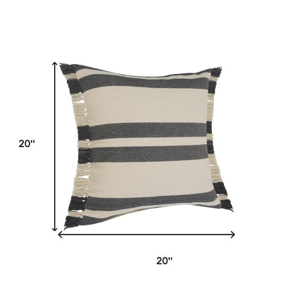 Set of Two 20" Off White And Gray Striped Cotton Throw Pillows with Frosted And Fringe
