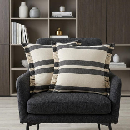 Set of Two 20" Off White And Gray Striped Cotton Throw Pillows with Frosted And Fringe