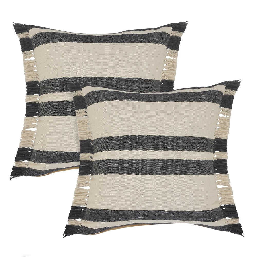 Set of Two 20" Off White And Gray Striped Cotton Throw Pillows with Frosted And Fringe