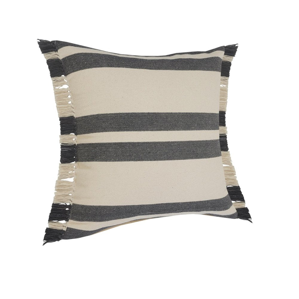 Set of Two 20" Off White And Gray Striped Cotton Throw Pillows with Frosted And Fringe