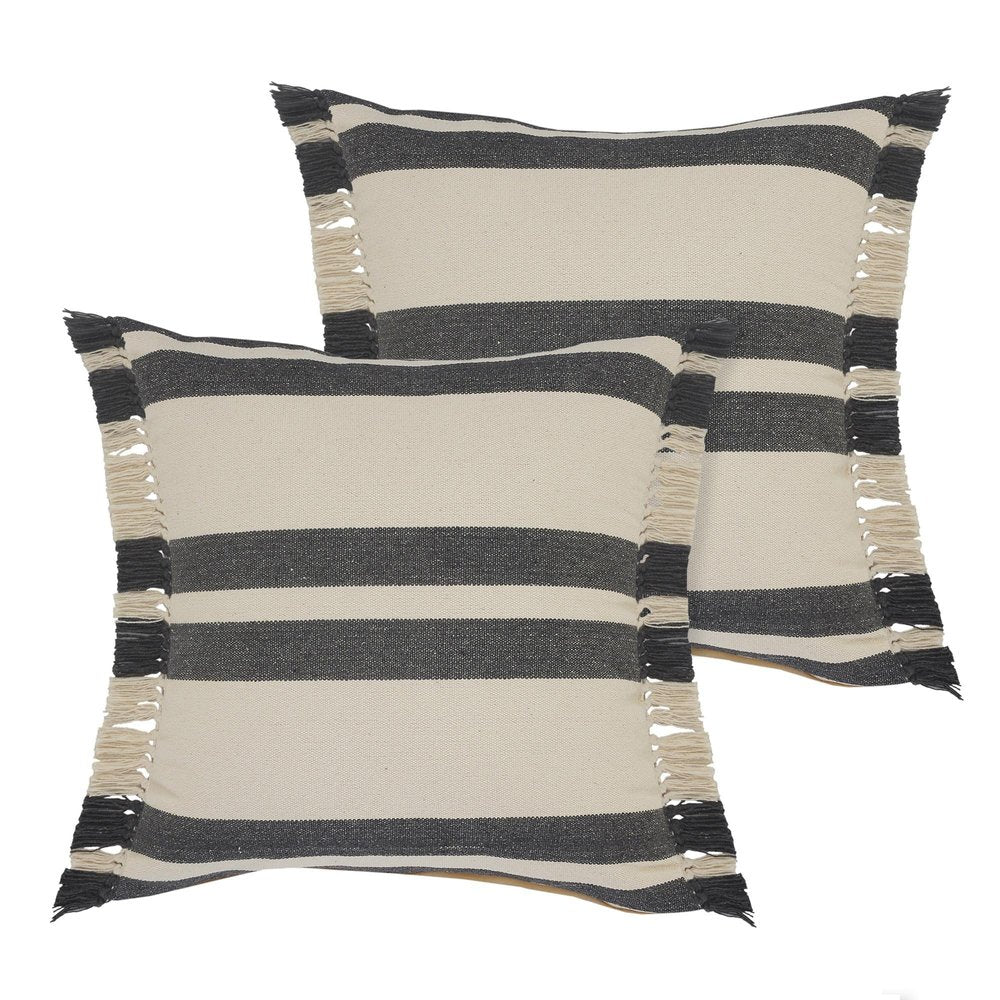 Set of Two 20" Off White And Gray Striped Cotton Throw Pillows with Frosted And Fringe — view 6