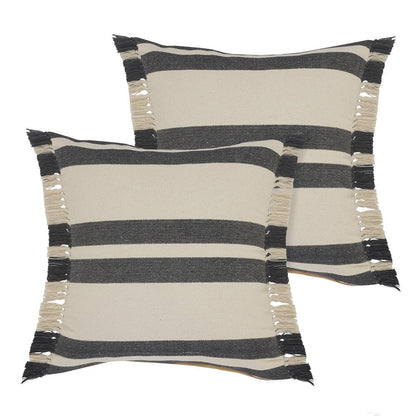 Set of Two 20" Off White And Gray Striped Cotton Throw Pillows with Frosted And Fringe
