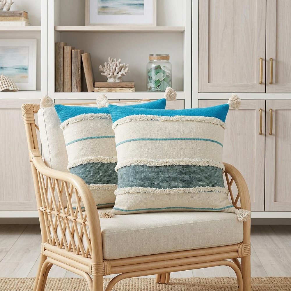 Set of Two 20" Ivory And Turquoise Striped Cotton Throw Pillows with Tassels And Texture — view 10