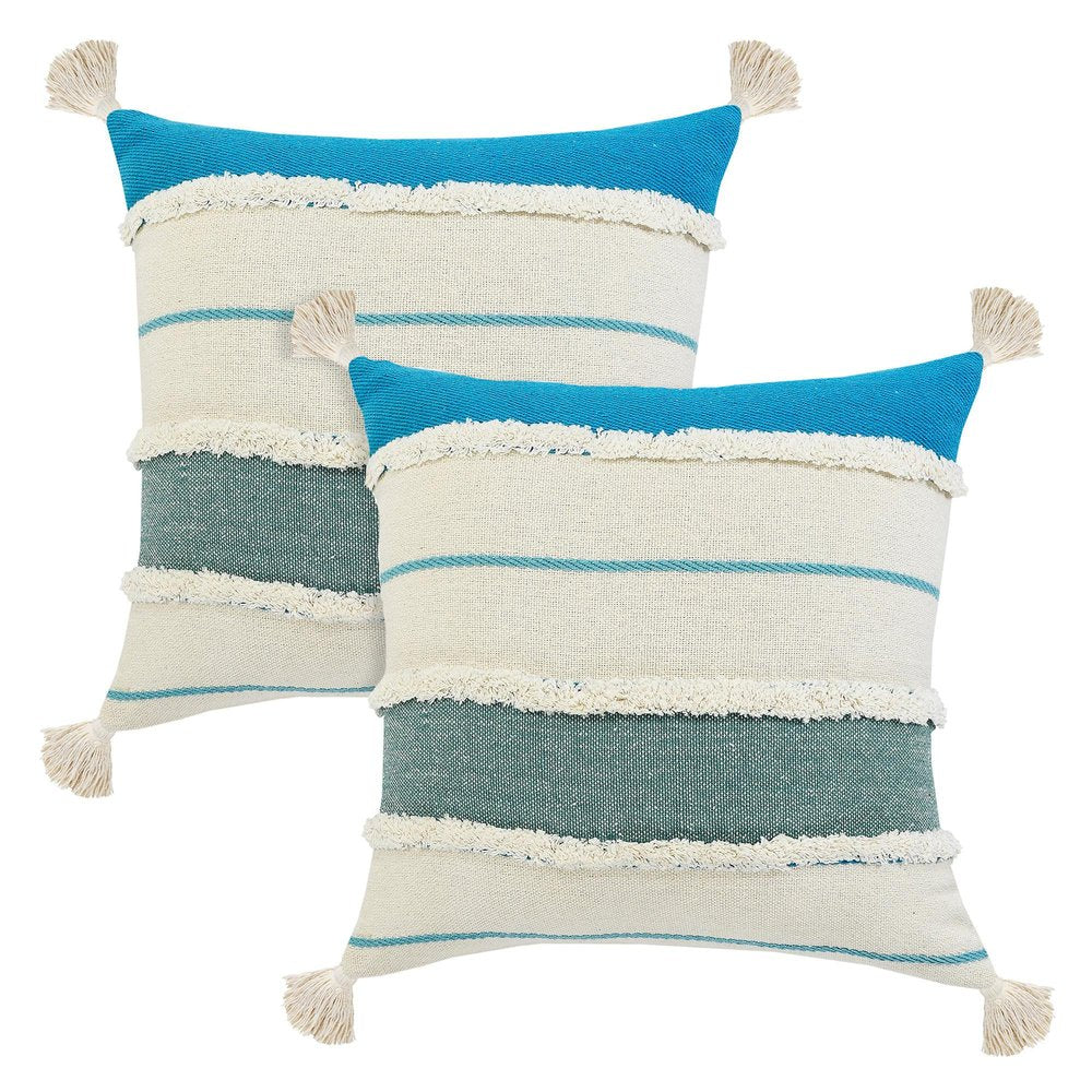 Set of Two 20" Ivory And Turquoise Striped Cotton Throw Pillows with Tassels And Texture — view 1