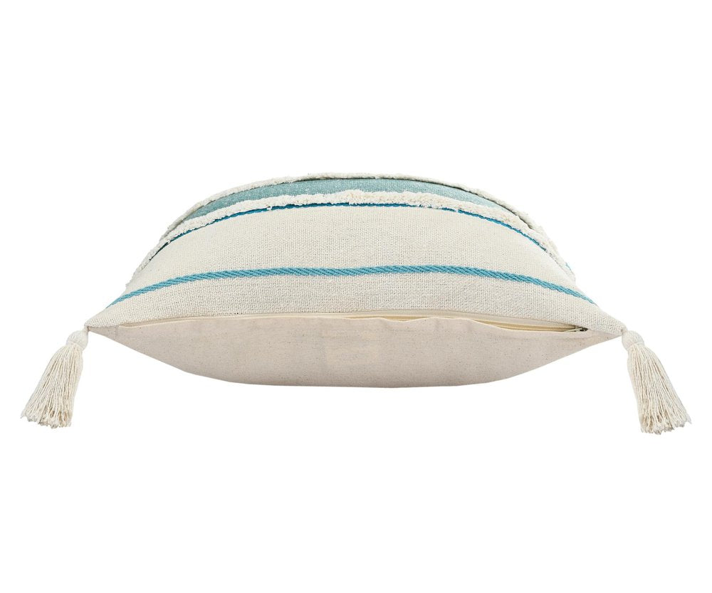 Set of Two 20" Ivory And Turquoise Striped Cotton Throw Pillows with Tassels And Texture — view 2