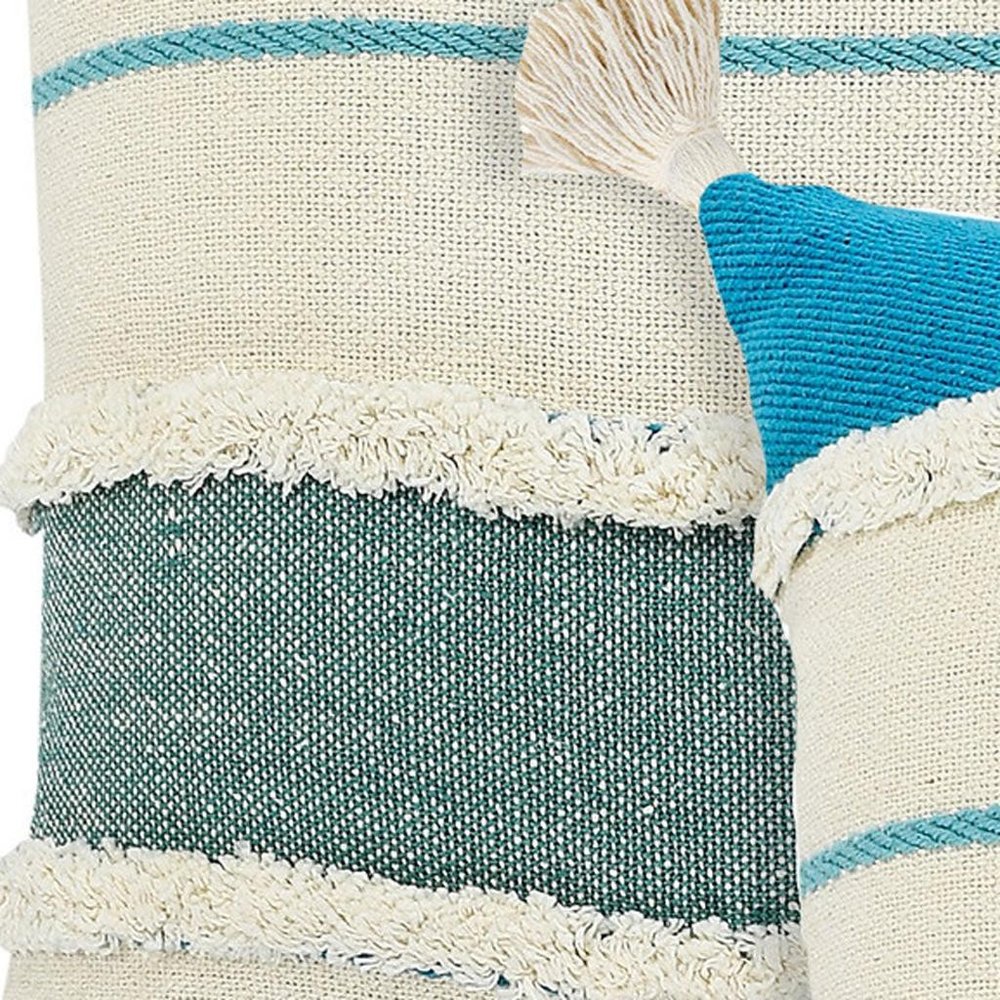 Set of Two 20" Ivory And Turquoise Striped Cotton Throw Pillows with Tassels And Texture
