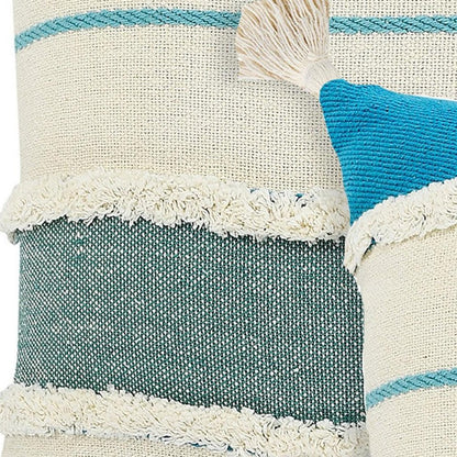 Set of Two 20" Ivory And Turquoise Striped Cotton Throw Pillows with Tassels And Texture