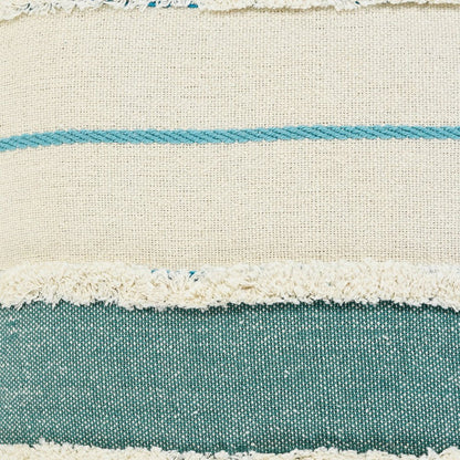 Set of Two 20" Ivory And Turquoise Striped Cotton Throw Pillows with Tassels And Texture