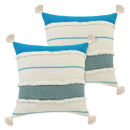 Set of Two 20" Ivory And Turquoise Striped Cotton Throw Pillows with Tassels And Texture
