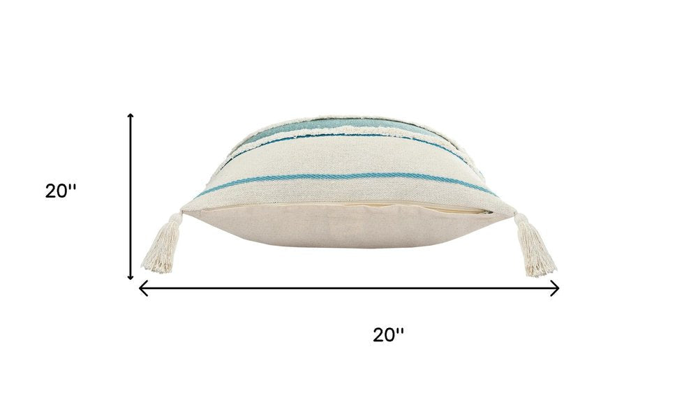 Set of Two 20" Ivory And Turquoise Striped Cotton Throw Pillows with Tassels And Texture