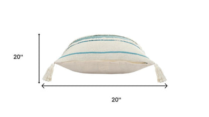 Set of Two 20" Ivory And Turquoise Striped Cotton Throw Pillows with Tassels And Texture
