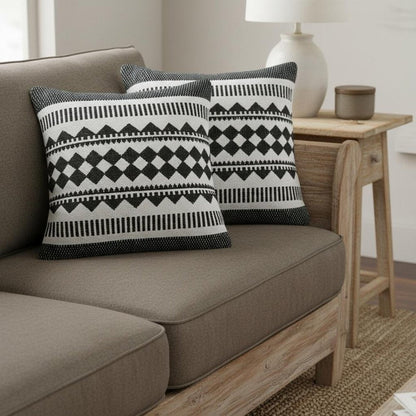 Set of Two 20" Black And White Geometric Cotton Blend Throw Pillows