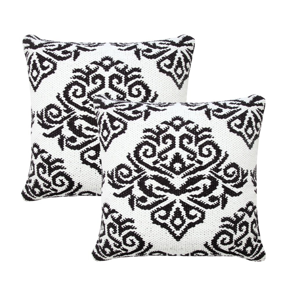 Set of Two 20" White And Black Damask Cotton Blend Throw Pillows