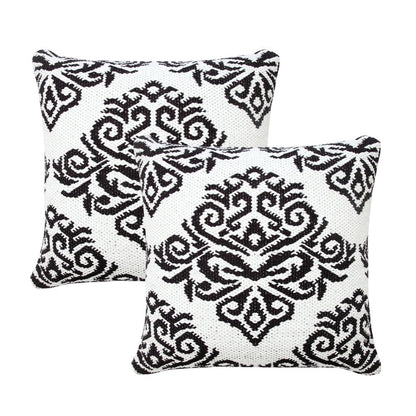 Set of Two 20" White And Black Damask Cotton Blend Throw Pillows