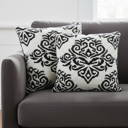 Set of Two 20" White And Black Damask Cotton Blend Throw Pillows